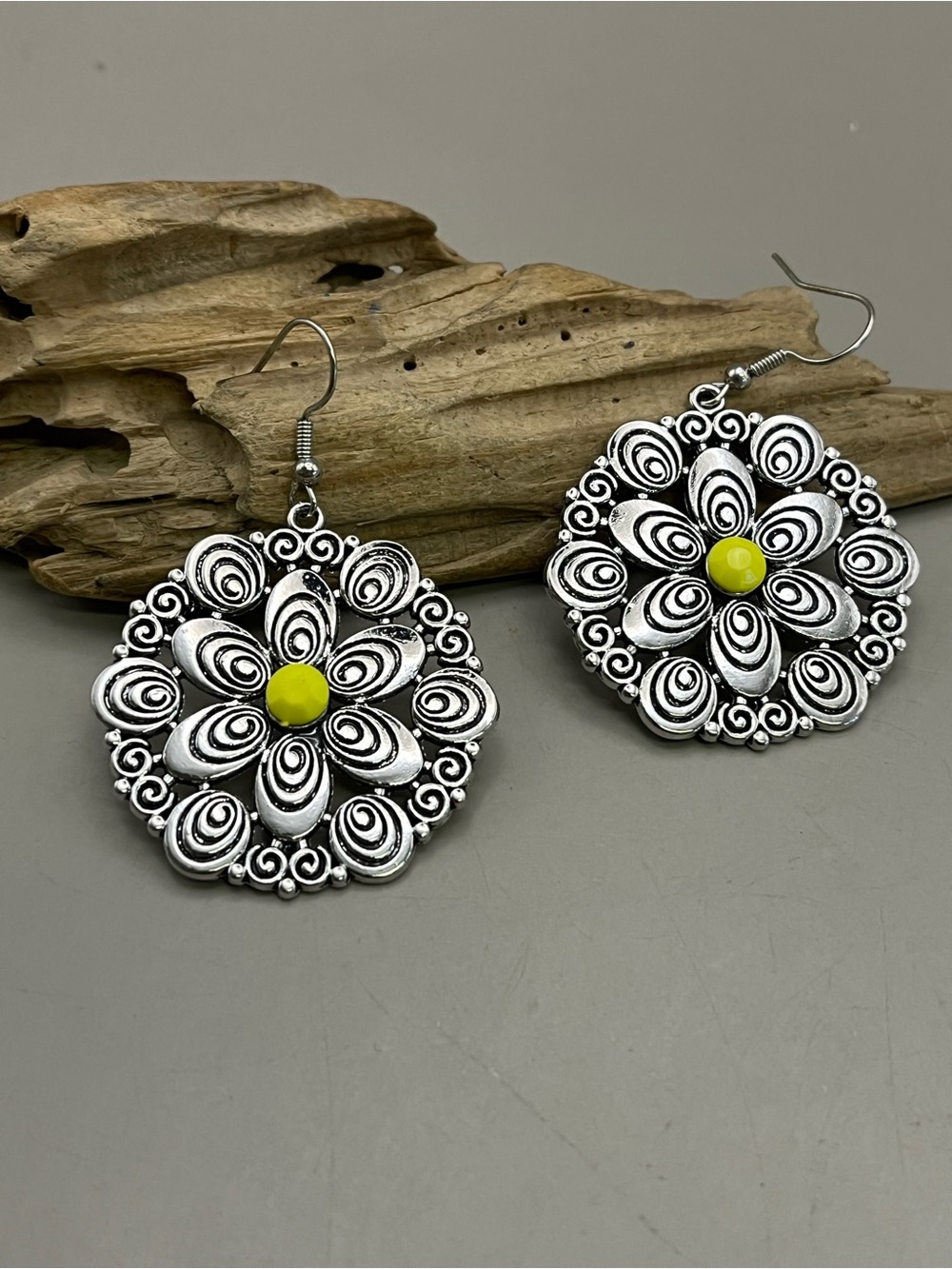 Silver Tone Flower Dangle Earrings | Boho Mandala Floral Statement Earrings